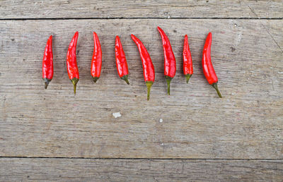 High angle view of red chili peppers on table