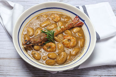 High angle view of soup in bowl on table