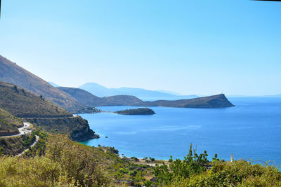 Scenic view of sea against clear blue sky