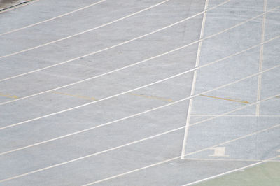 High angle view of running track with numbers in stadium