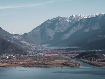 Scenic view of lake and snowcapped mountains against sky