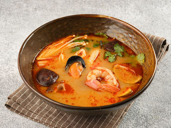 High angle view of soup in bowl on table