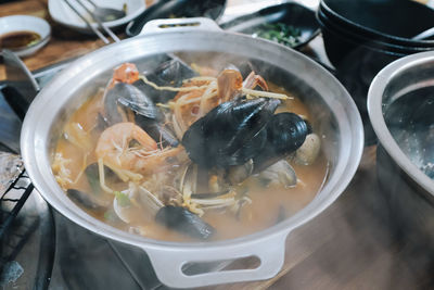 High angle view of food in bowl on table