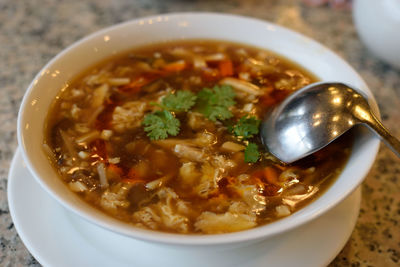 High angle view of soup in bowl on table