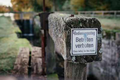 Close-up of information sign