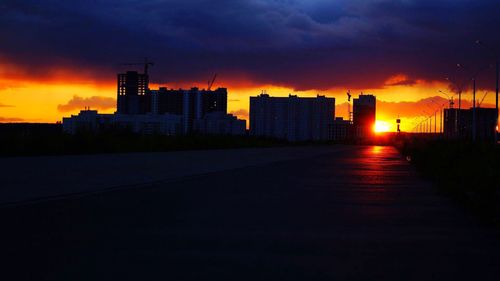 Silhouette of buildings at sunset