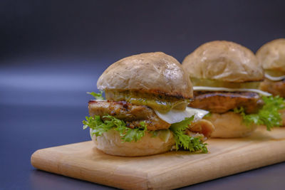 Close-up of burger on table