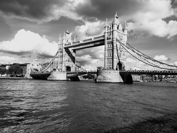 View of suspension bridge against cloudy sky