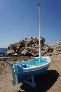 Boat on beach against clear blue sky