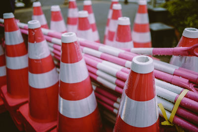 High angle view of wet traffic cones