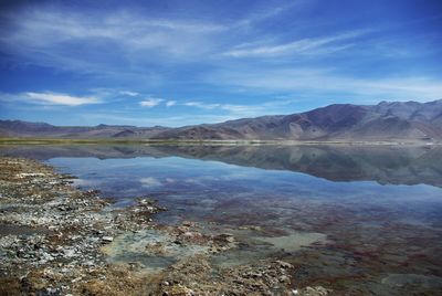 Scenic view of lake against cloudy sky