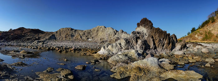 Scenic view of rocky mountains against clear blue sky