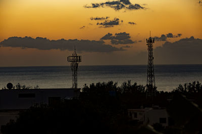 Silhouette plants by sea against sky during sunset