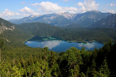 Scenic view of lake and mountains against sky