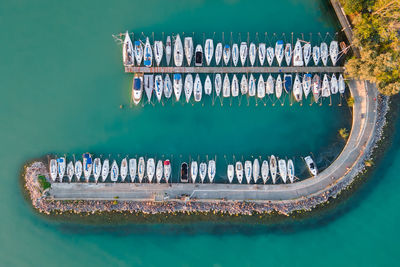 High angle view of ships at a marina 