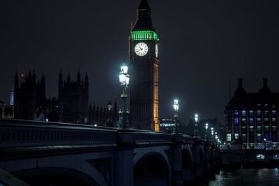 Illuminated clock tower in city at night