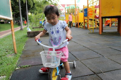 Girl riding tricycle at playground