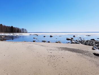 Scenic view of sea against clear blue sky