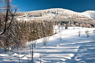 Snow covered landscape against clear sky