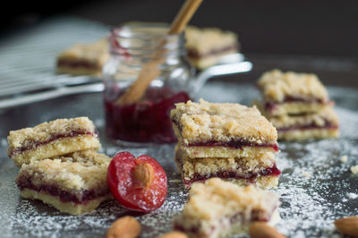 Close-up of dessert in jar on table