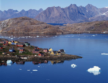 The arctic village of kulusuk on a calm summer day
