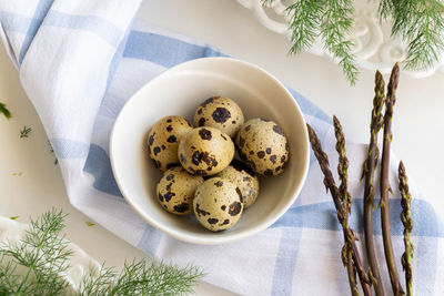 High angle view of cookies in plate on table