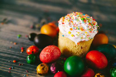 Close-up of multi colored candies on table