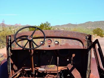 Close-up of rusty wheel against clear sky