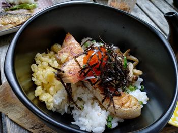 High angle view of food in bowl on table