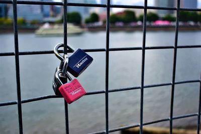 Close-up of padlocks on railing against river