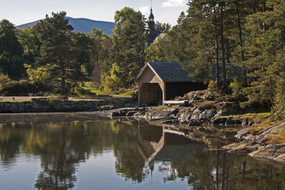 Lake by museum and trees