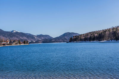 Scenic view of lake against clear blue sky