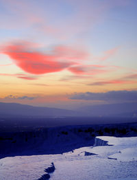 Scenic view of snow covered landscape against sky at sunset