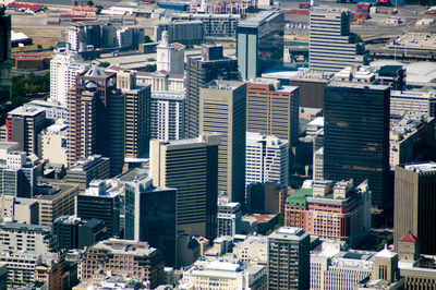 High angle view of modern buildings in city