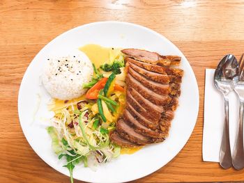 High angle view of breakfast served on table