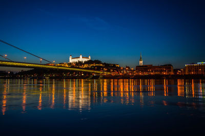 Illuminated bridge over river against blue sky at night