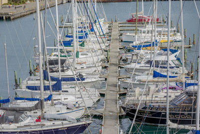 High angle view of fishing boats in harbor