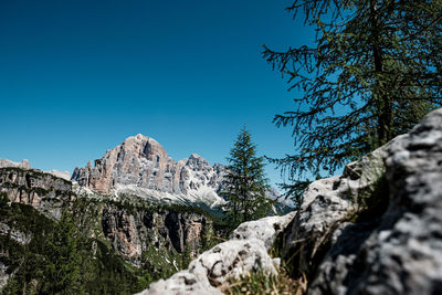 Low angle view of rocks against blue sky