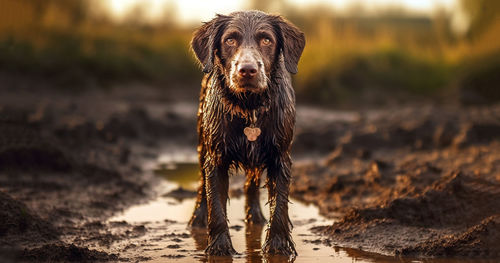 Portrait of dog running on field