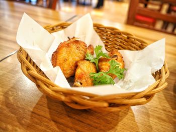 Close-up of food served on table