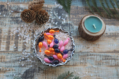 Directly above shot of christmas decorations on table