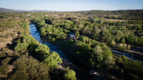 High angle view of trees on landscape against sky