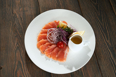 High angle view of meal served on table