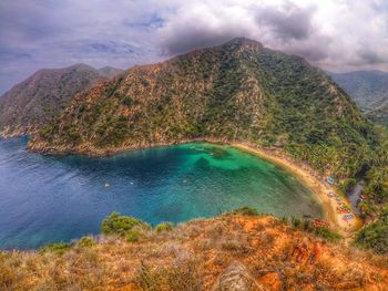 High angle view of bay against sky