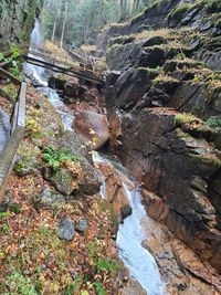 High angle view of stream flowing through rocks