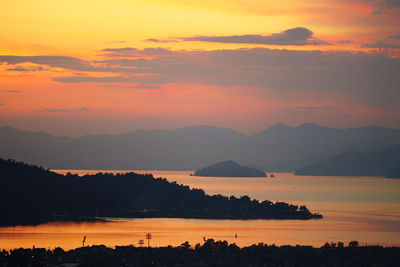 Scenic view of lake against romantic sky at sunset