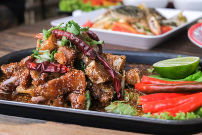 Close-up of salad served on table