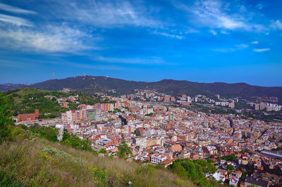 High angle shot of townscape against sky