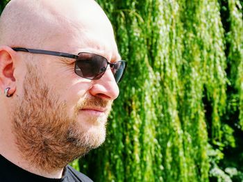 Close-up of bald man wearing sunglasses against trees on sunny day