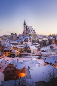 High angle view of buildings in city during winter